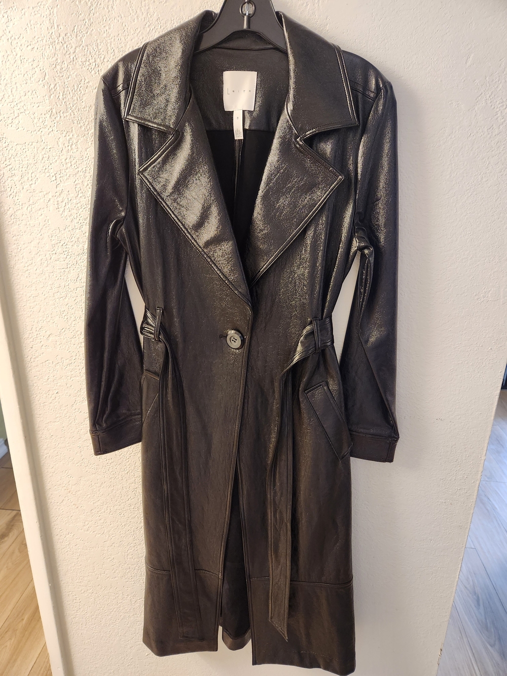 Leith Black Faux Patent Leather Trench Coat Size M